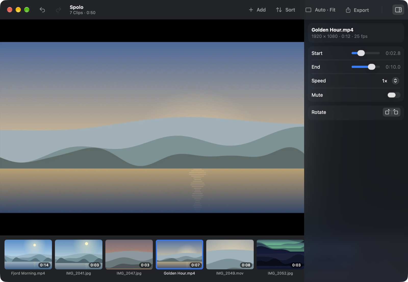 Spolo merging seven photos and videos, with one clip selected for trimming